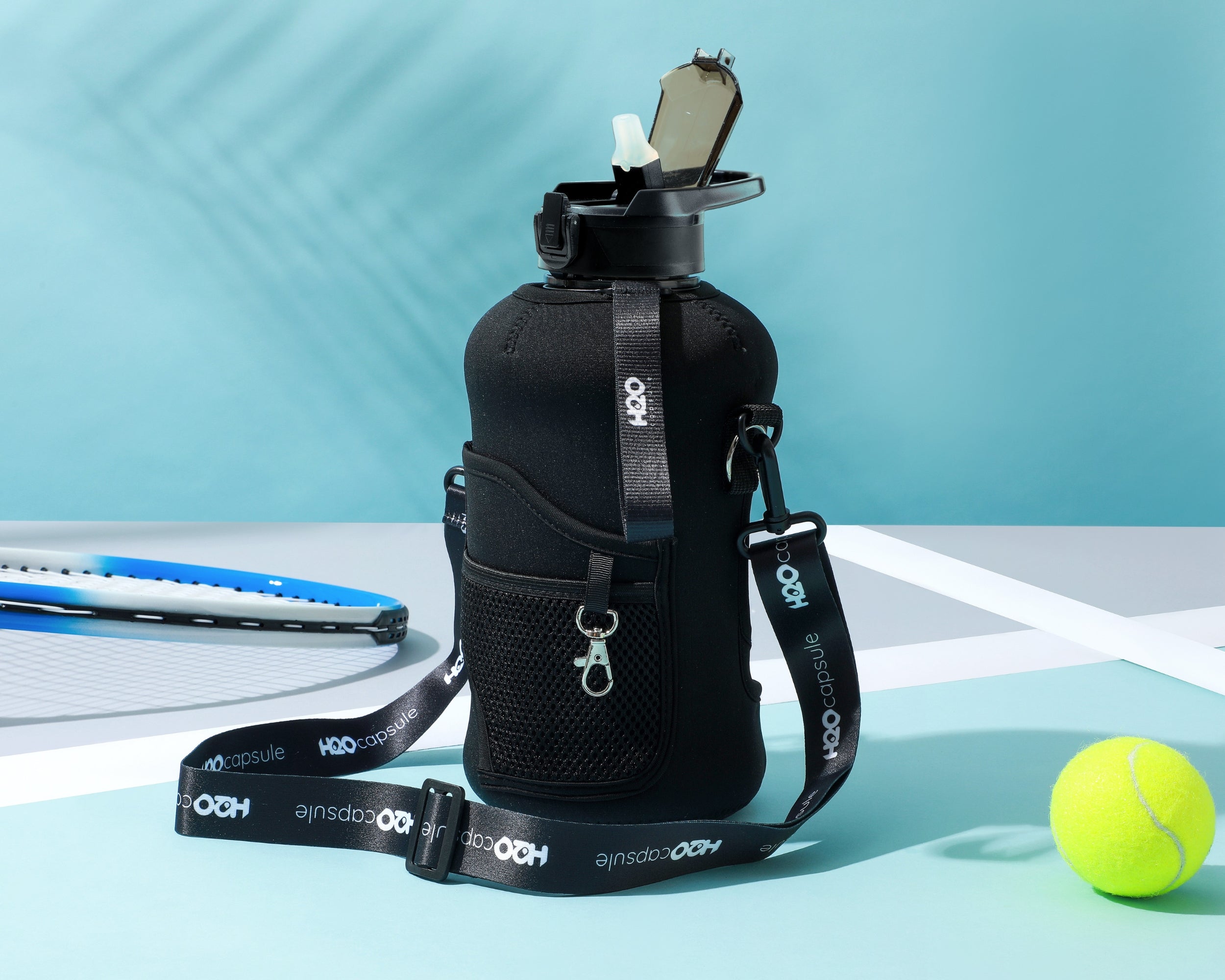 Jet Black -Carry-all-Half Gallon Water Bottle with Storage Sleeve and removable straw