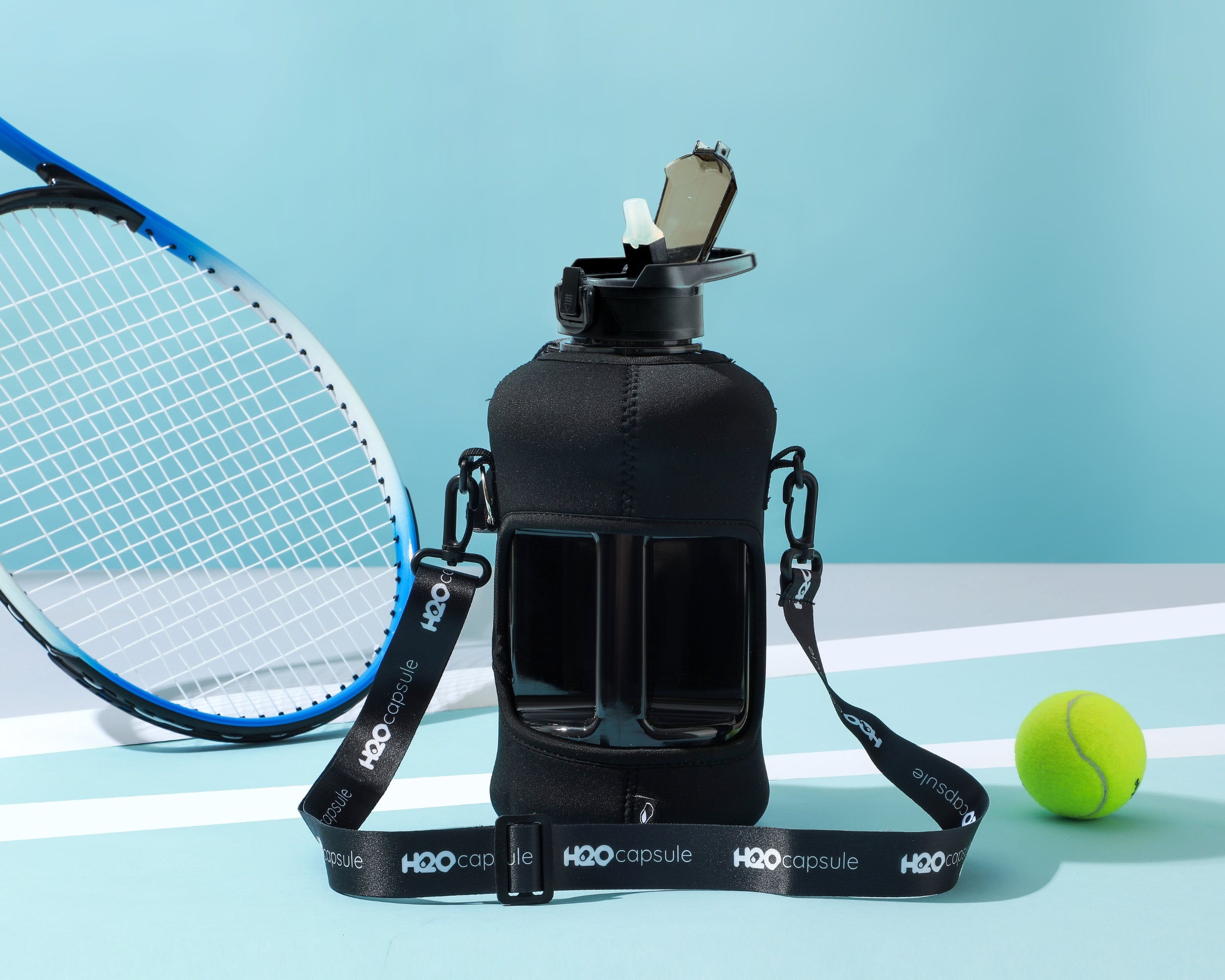 Jet Black -Carry-all-Half Gallon Water Bottle with Storage Sleeve and removable straw