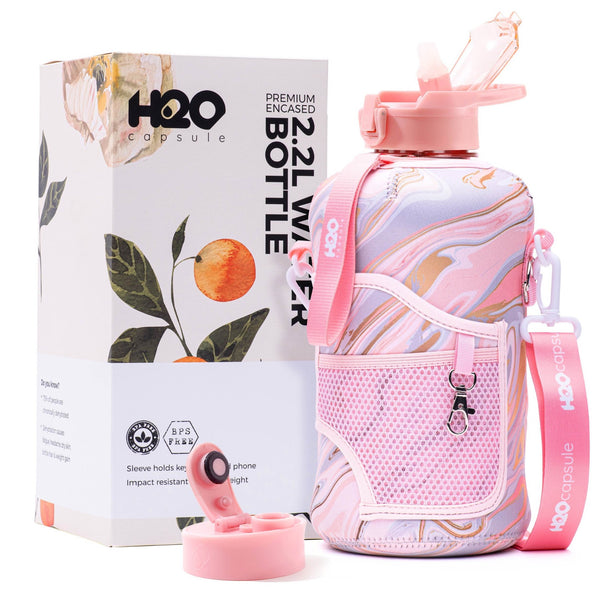 Pink Marble -Carry-all -Half Gallon Water Bottle with Storage Sleeve and removable straw