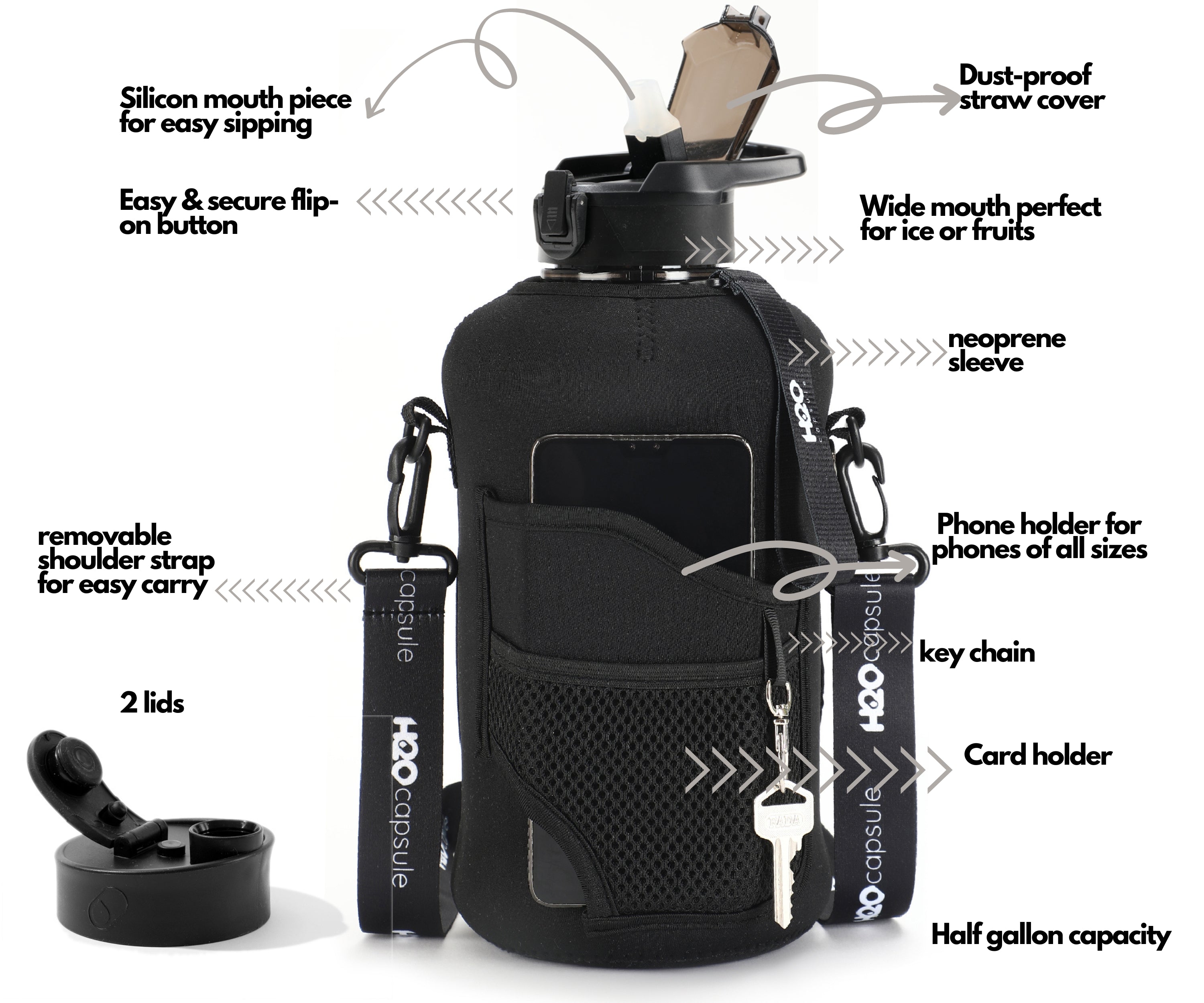 Jet Black -Carry-all-Half Gallon Water Bottle with Storage Sleeve and removable straw