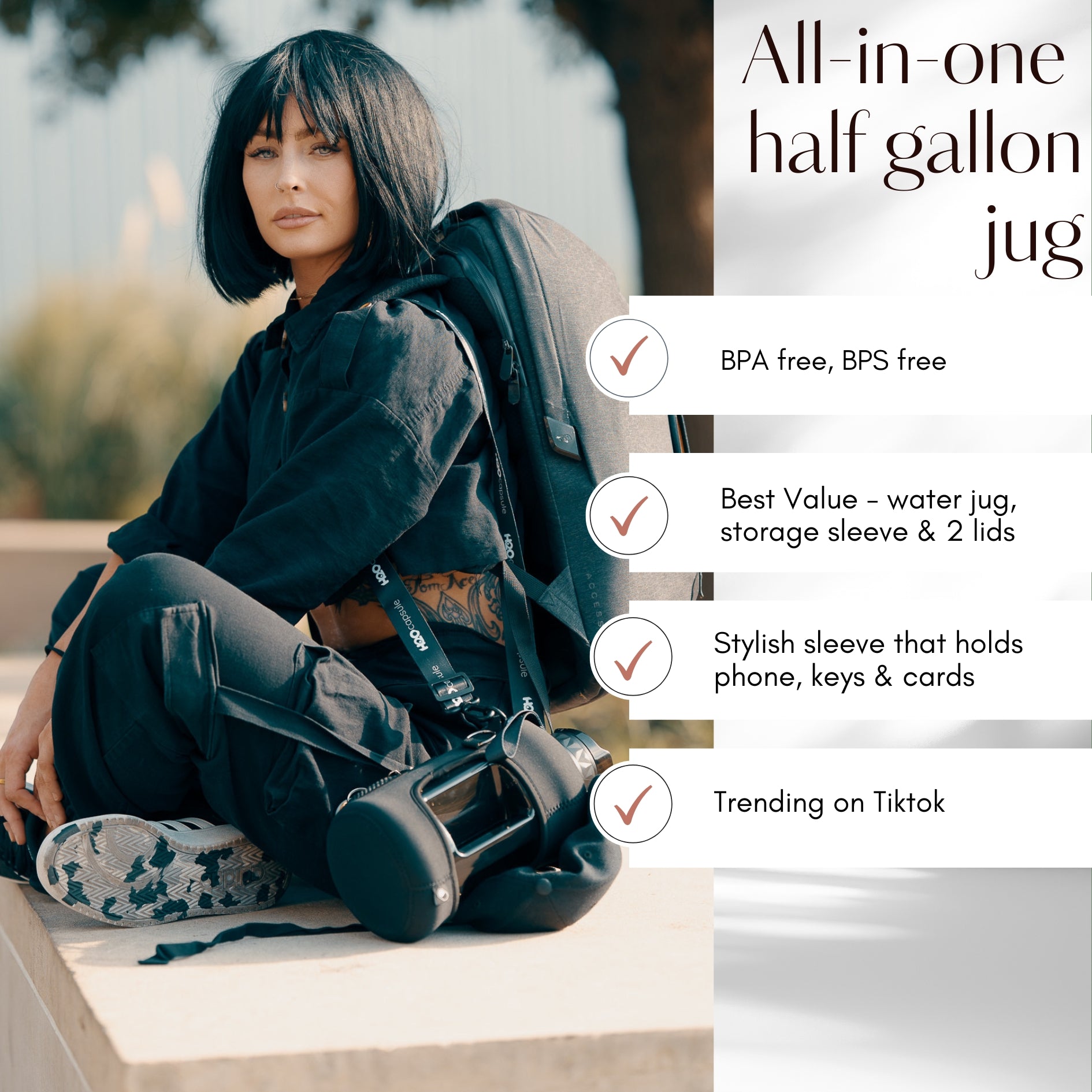 Jet Black -Carry-all-Half Gallon Water Bottle with Storage Sleeve and removable straw