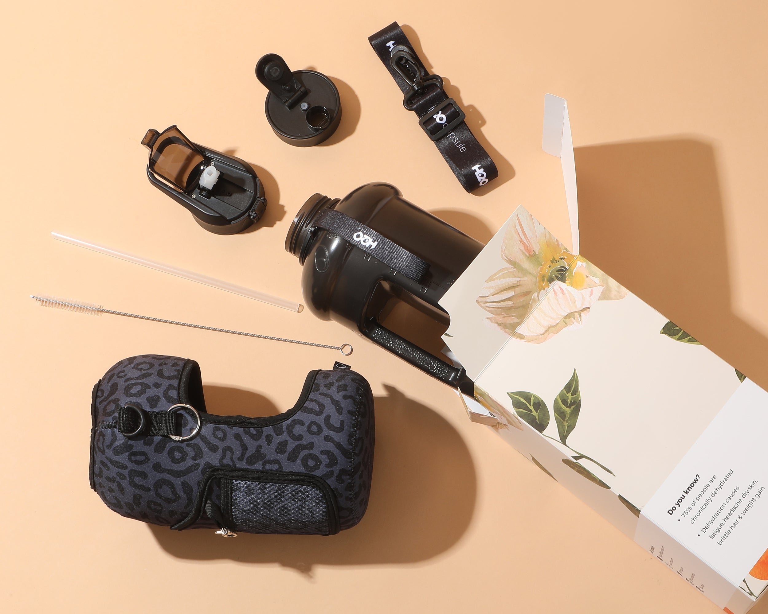 Black leopard - Carry-all- Half Gallon Water Bottle with Storage Sleeve and Covered Straw Lid