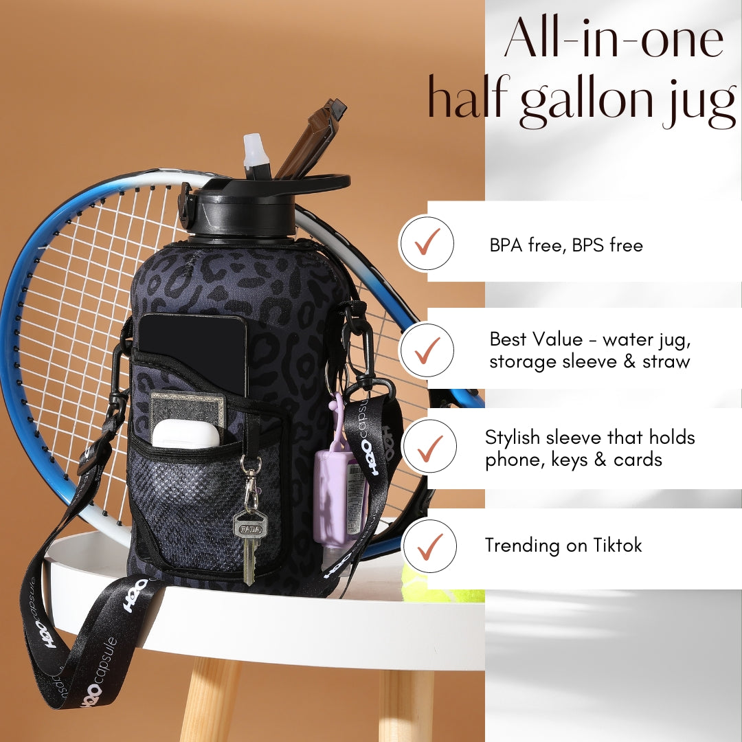Black leopard - Carry-all- Half Gallon Water Bottle with Storage Sleeve and Covered Straw Lid