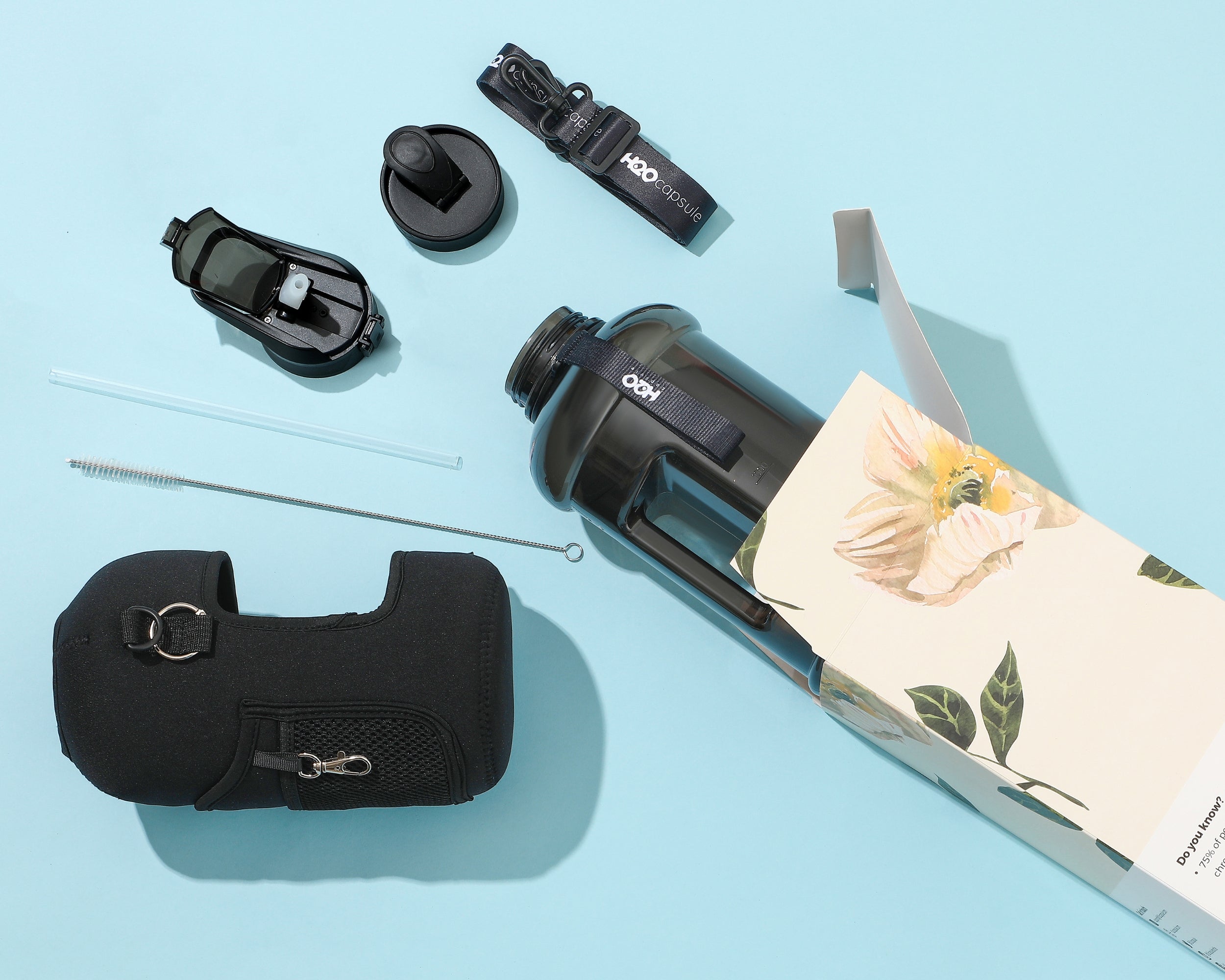 Jet Black -Carry-all-Half Gallon Water Bottle with Storage Sleeve and removable straw