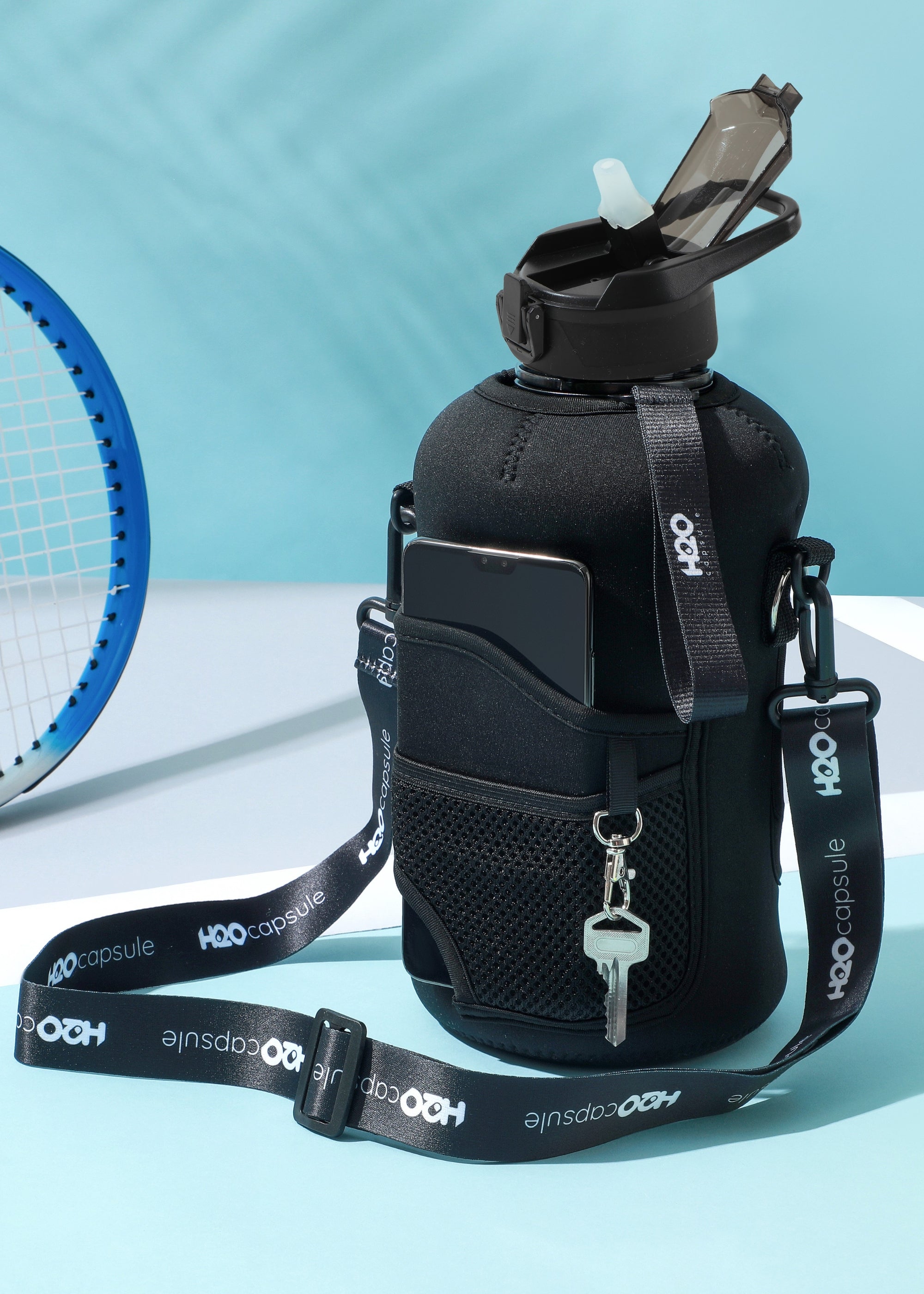 Jet Black -Carry-all-Half Gallon Water Bottle with Storage Sleeve and removable straw