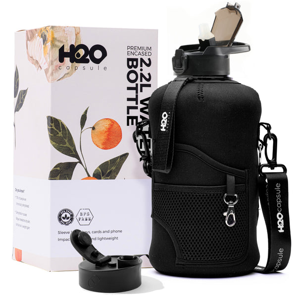 Jet Black -Carry-all-Half Gallon Water Bottle with Storage Sleeve and removable straw