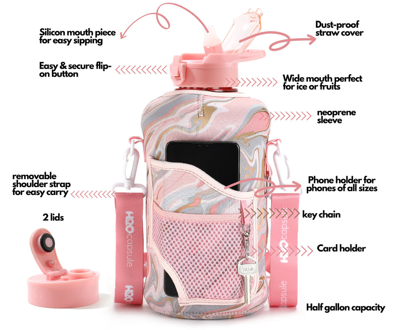 Pink Marble -Carry-all -Half Gallon Water Bottle with Storage Sleeve and removable straw