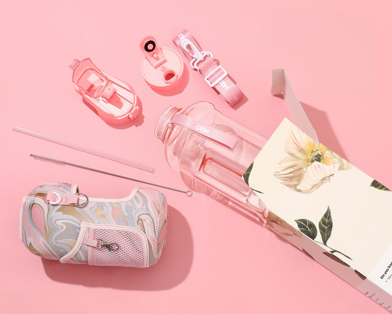 Pink Marble -Carry-all -Half Gallon Water Bottle with Storage Sleeve and removable straw