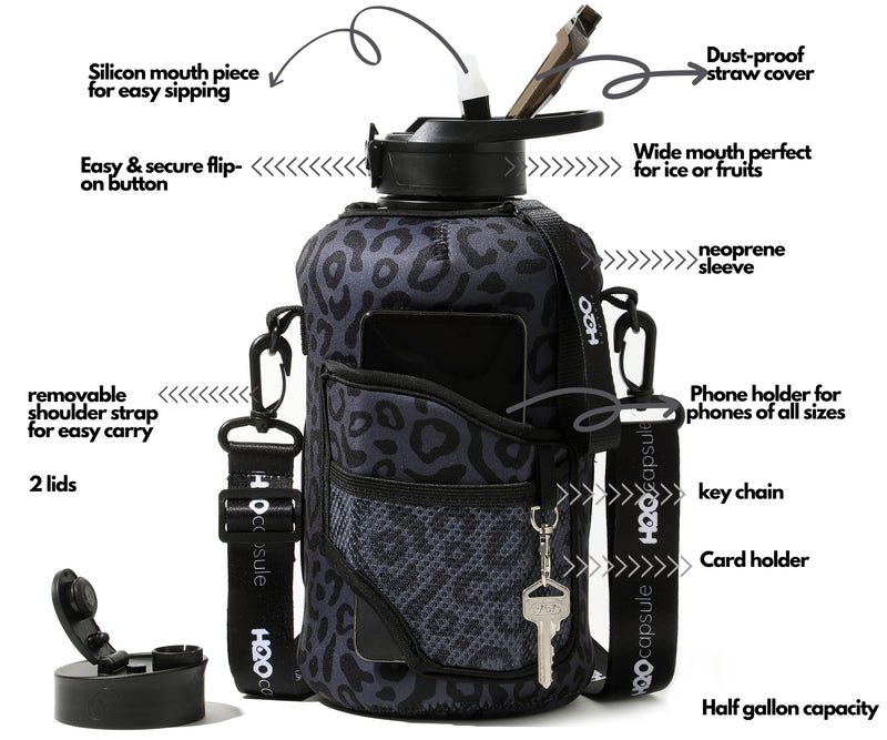 Black leopard - Carry-all- Half Gallon Water Bottle with Storage Sleeve and Covered Straw Lid