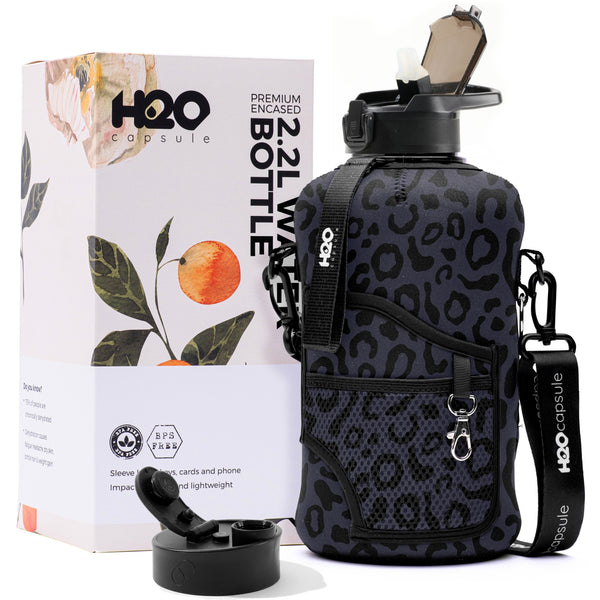 Black leopard - Carry-all- Half Gallon Water Bottle with Storage Sleeve and Covered Straw Lid