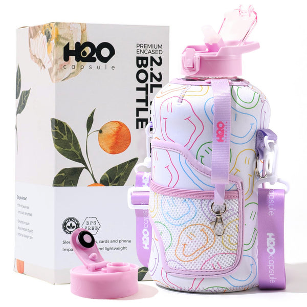 64 oz Cute Smile-Face Water Bottle with Sleeve BPA Free Half