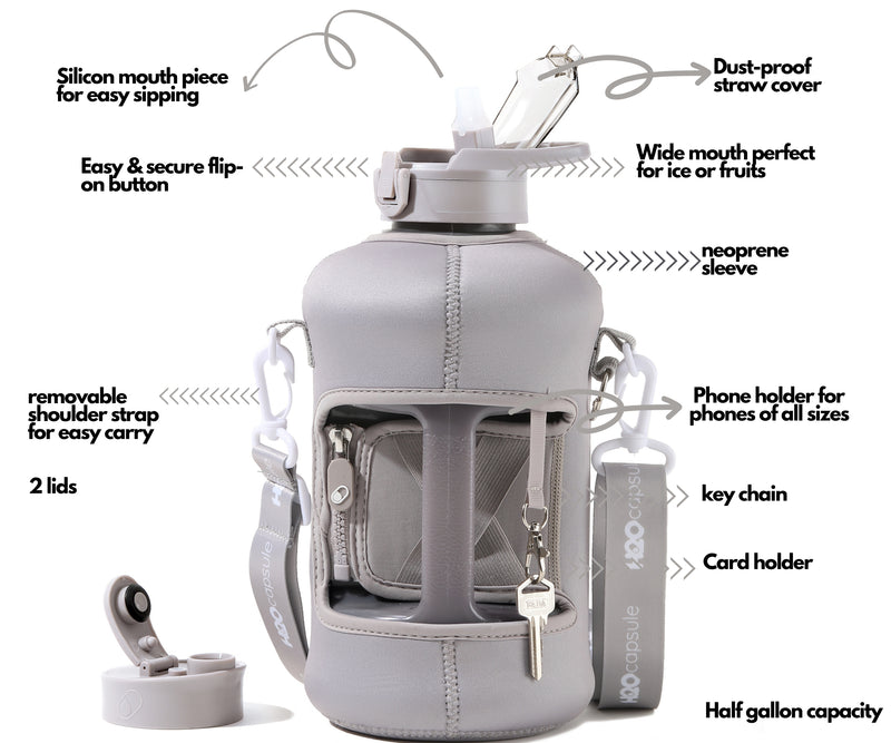 Ashville- Classic -H2O Capsule 2.2L Half Gallon Water Bottle with Storage Sleeve and straw lid