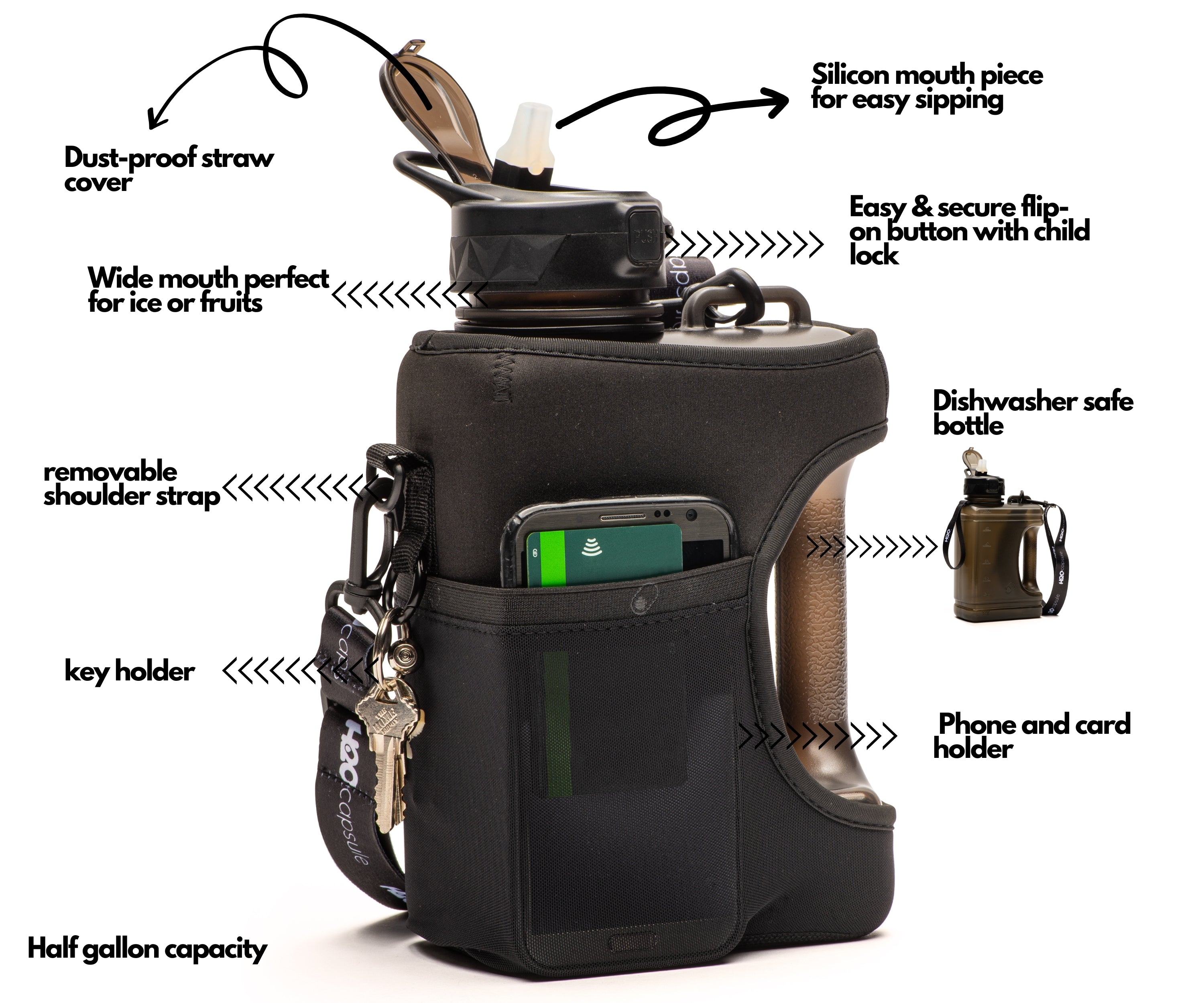 Jet Black + Cowbell - Cube value pack - 2.2L Water Bottle with Strap with 2 Storage Sleeves