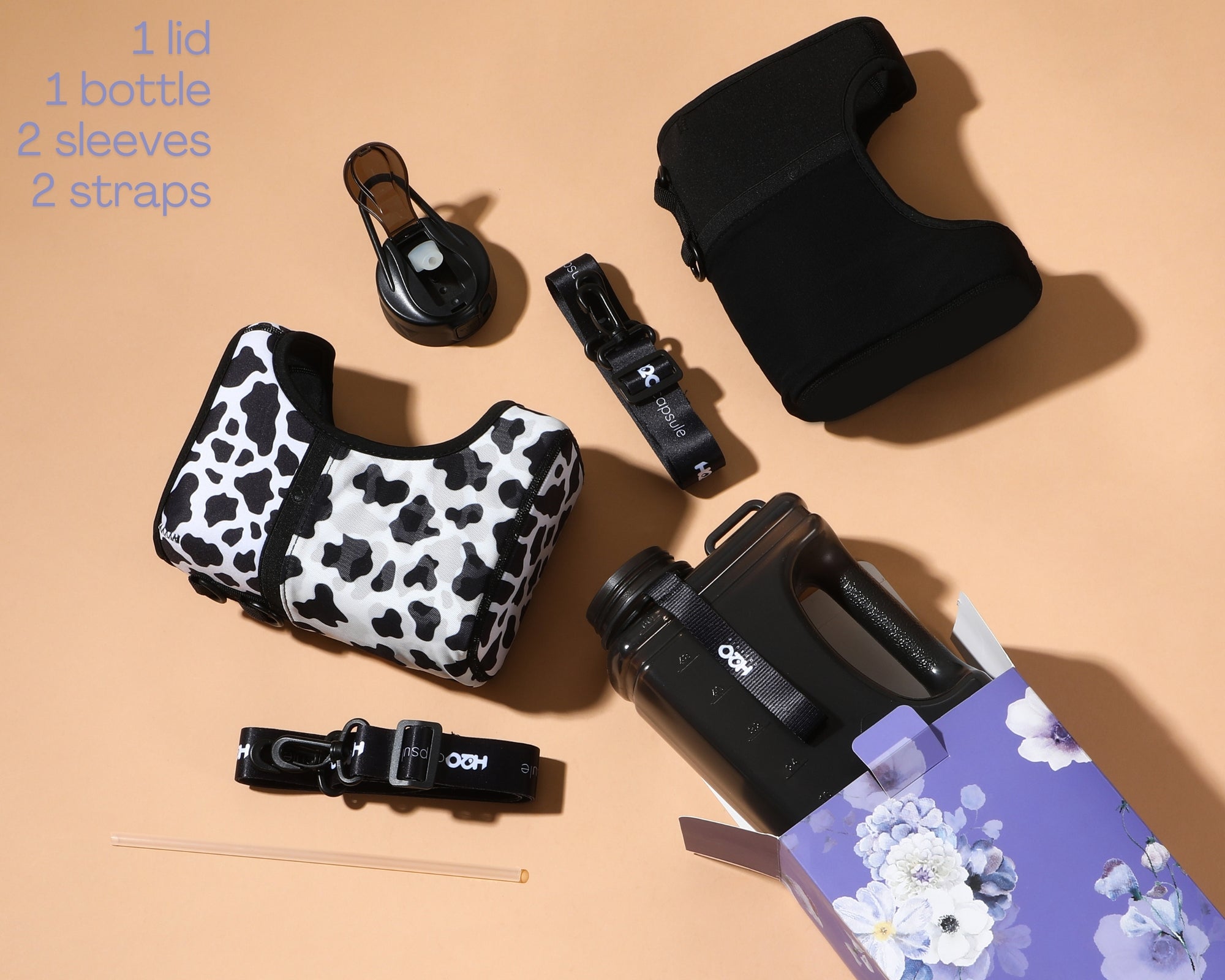 Jet Black + Cowbell - Cube value pack - 2.2L Water Bottle with Strap with 2 Storage Sleeves