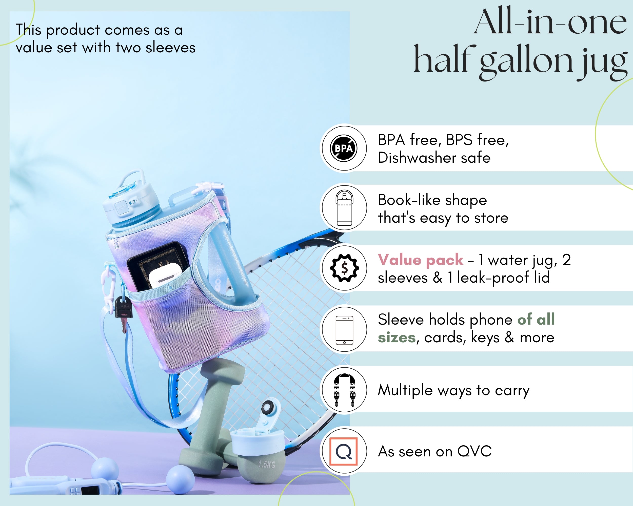 Dawn sky + blue tiedye- Cube value pack - 2.2L Water Bottle with Strap with 2 Storage Sleeves