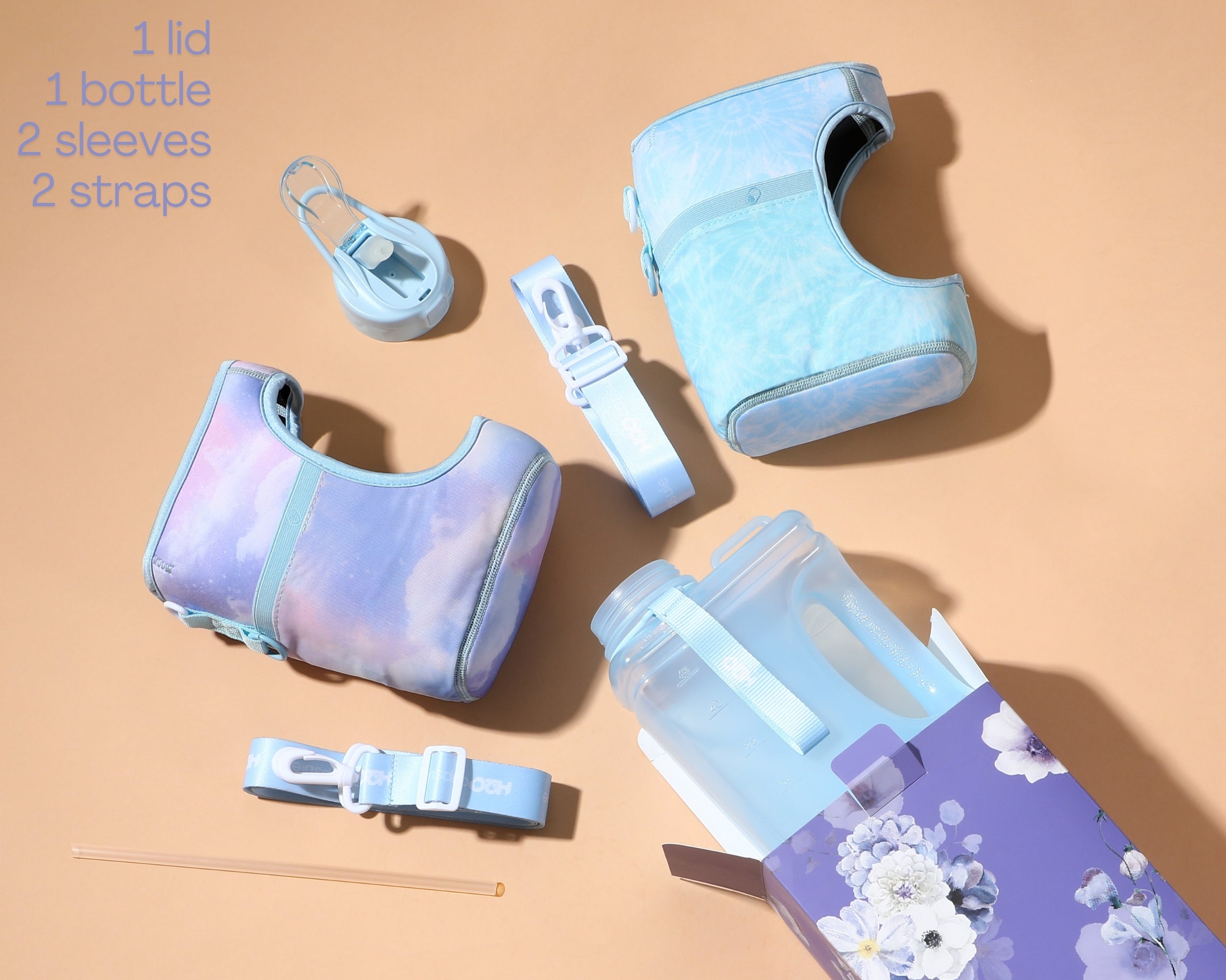 Dawn sky + blue tiedye- Cube value pack - 2.2L Water Bottle with Strap with 2 Storage Sleeves