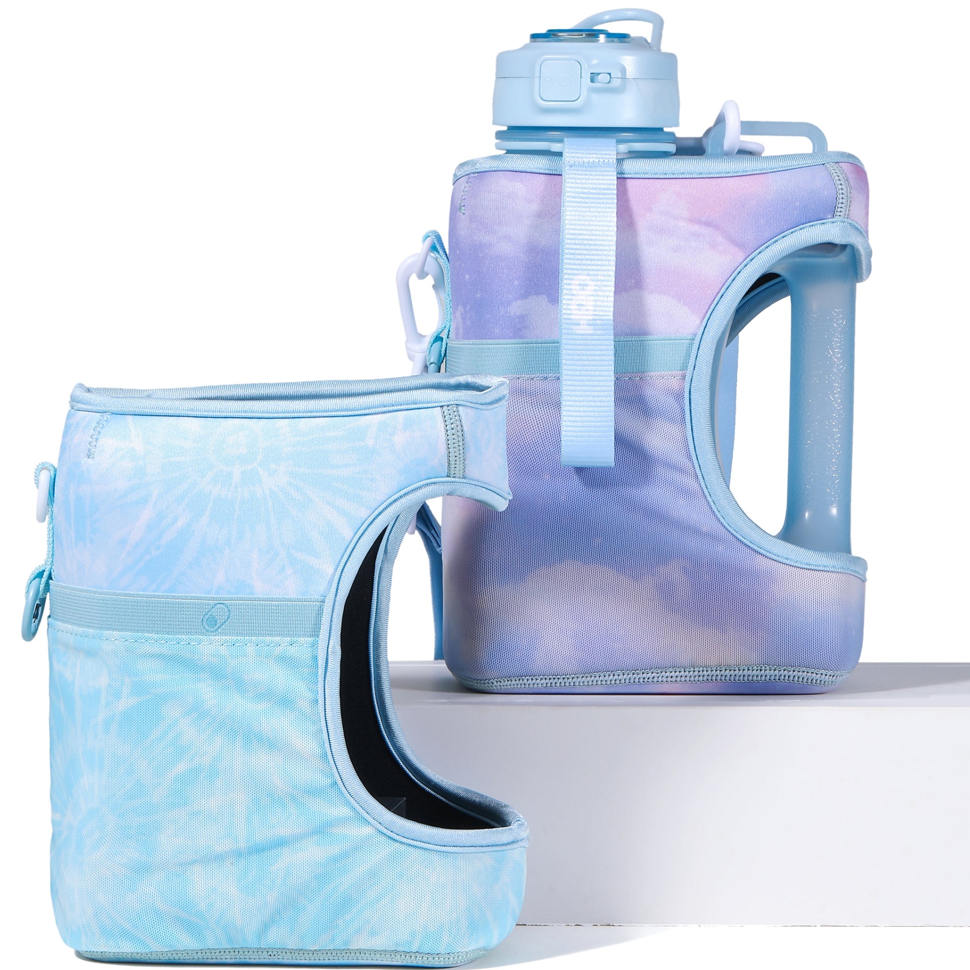 Dawn sky + blue tiedye- Cube value pack - 2.2L Water Bottle with Strap with 2 Storage Sleeves