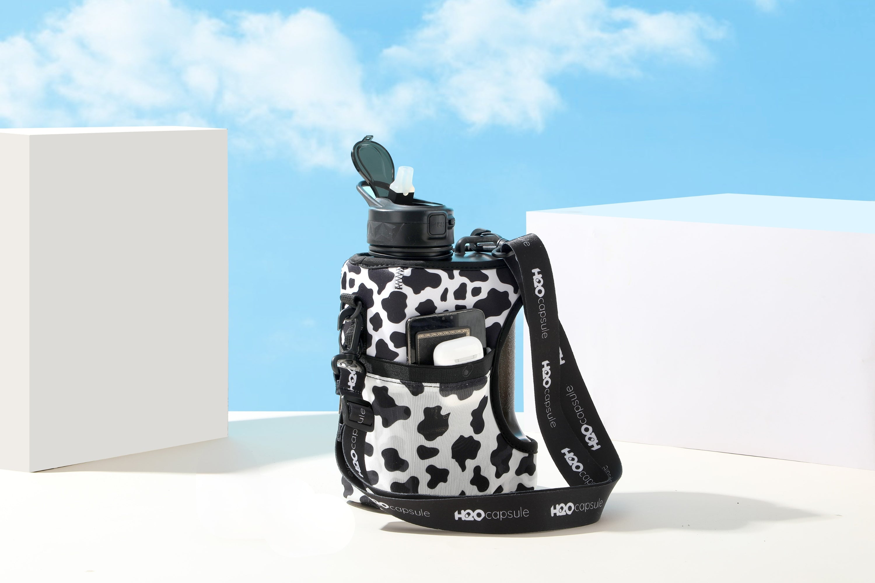 Jet Black + Cowbell - Cube value pack - 2.2L Water Bottle with Strap with 2 Storage Sleeves