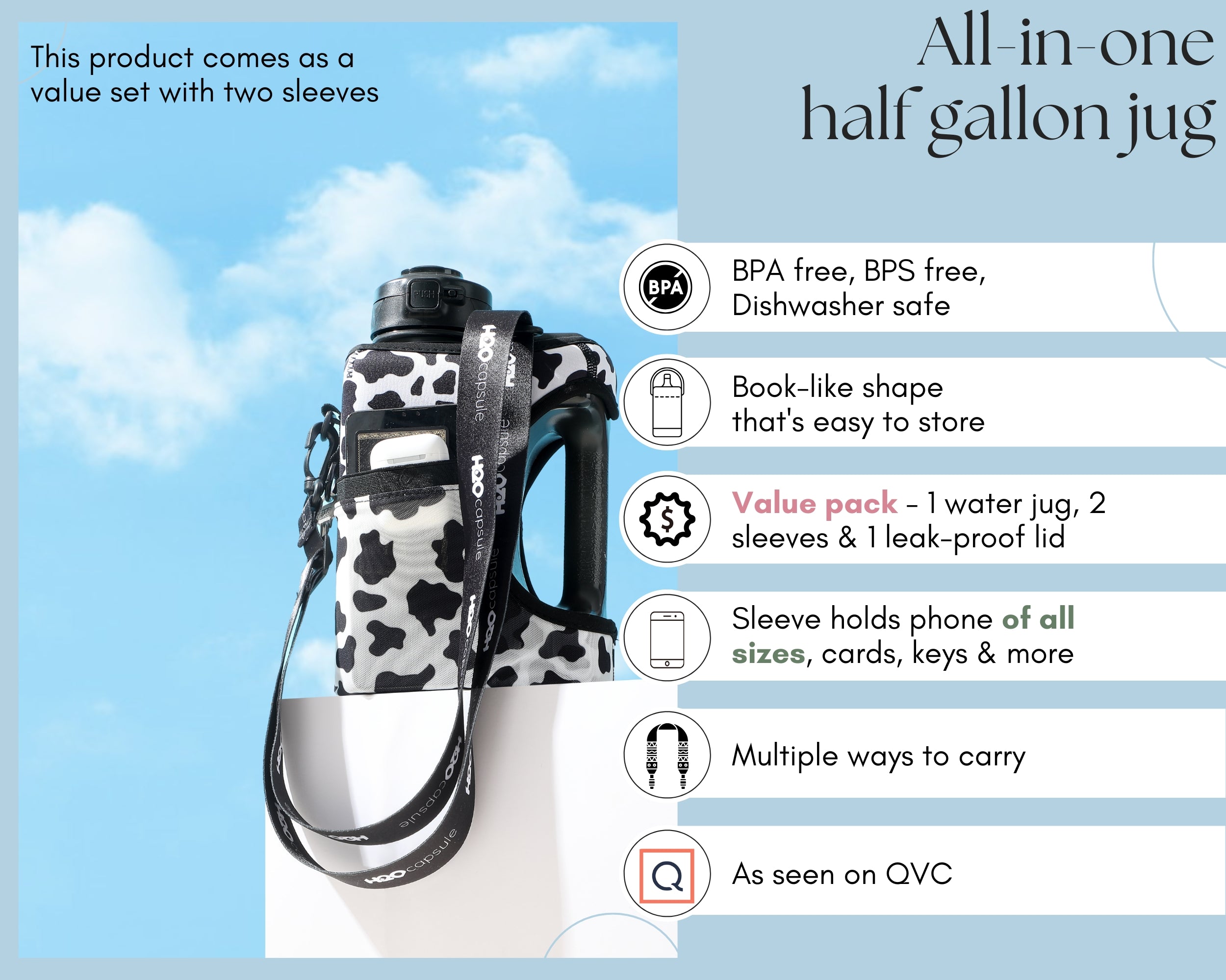 Jet Black + Cowbell - Cube value pack - 2.2L Water Bottle with Strap with 2 Storage Sleeves