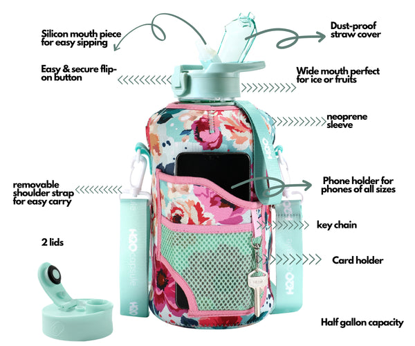 Floral Bloom -Carry-all- Half Gallon Water Bottle with Storage Sleeve and removable straw