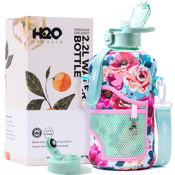 Floral Bloom -Carry-all- Half Gallon Water Bottle with Storage Sleeve and removable straw