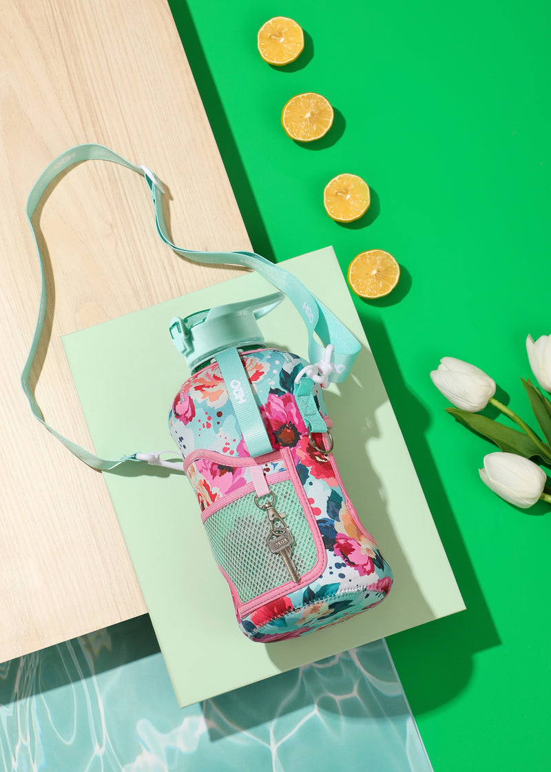 Floral Bloom -Carry-all- Half Gallon Water Bottle with Storage Sleeve and removable straw