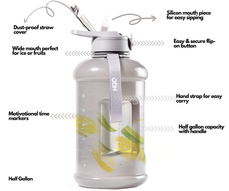 Ash Gray- H2O Capsule INSPO Half Gallon Water Bottle with Time Marker and Straw