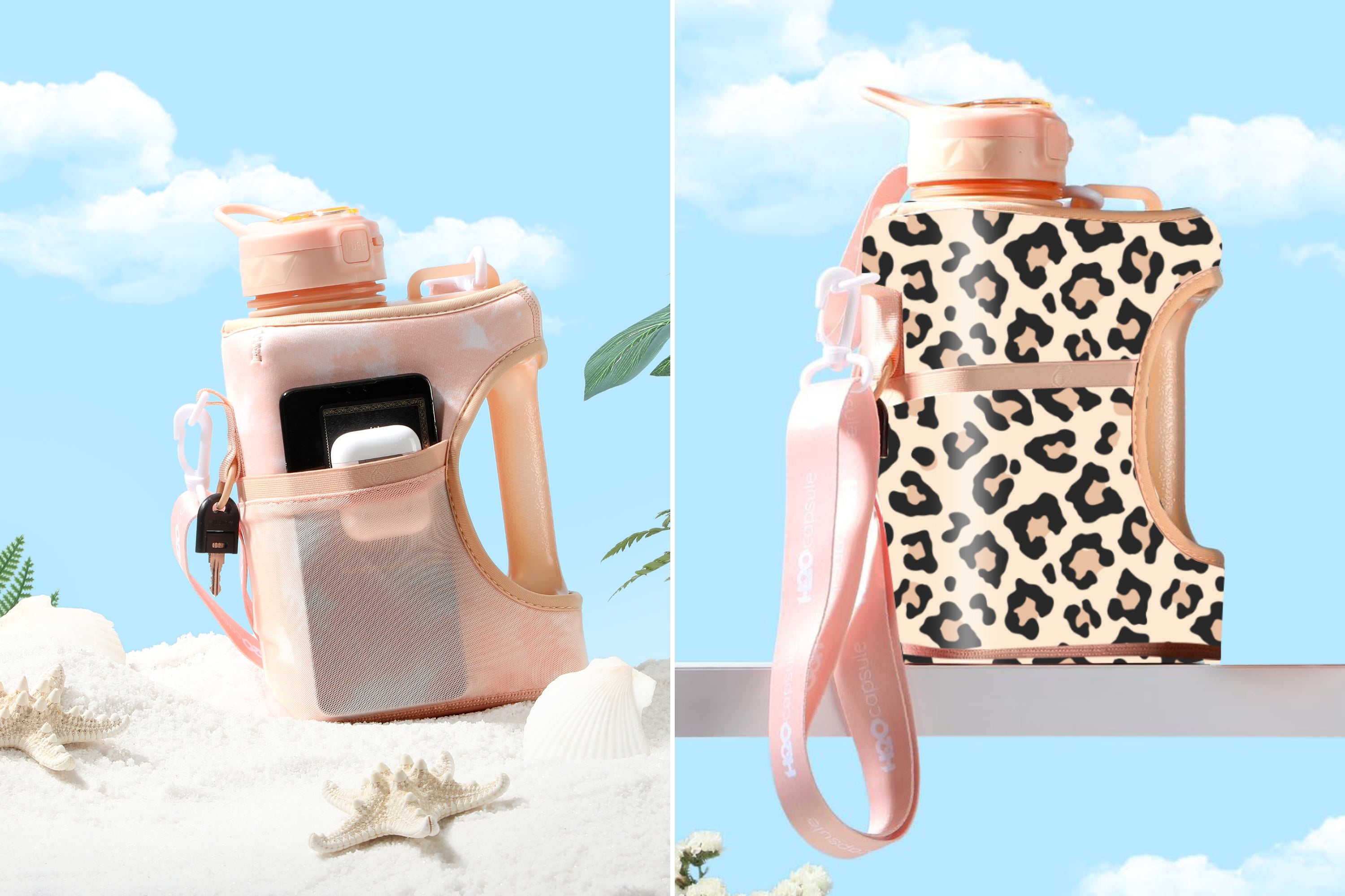 Peach TieDye + Leopard- Cube value pack - 2.2L Water Bottle with Strap with 2 Storage Sleeves