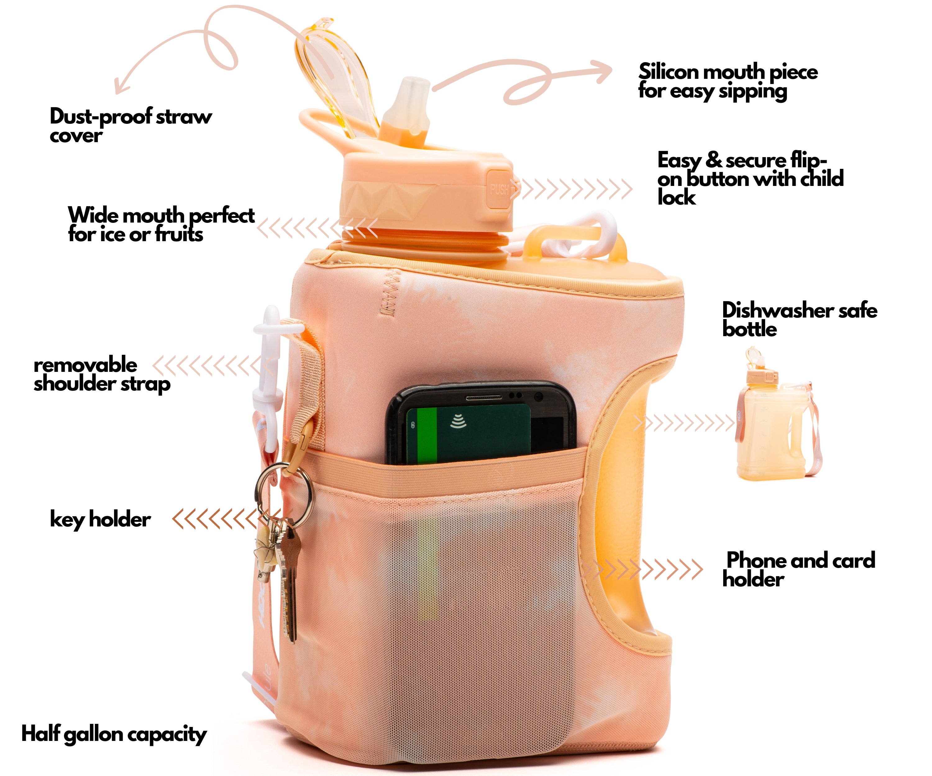 Peach TieDye + Leopard- Cube value pack - 2.2L Water Bottle with Strap with 2 Storage Sleeves