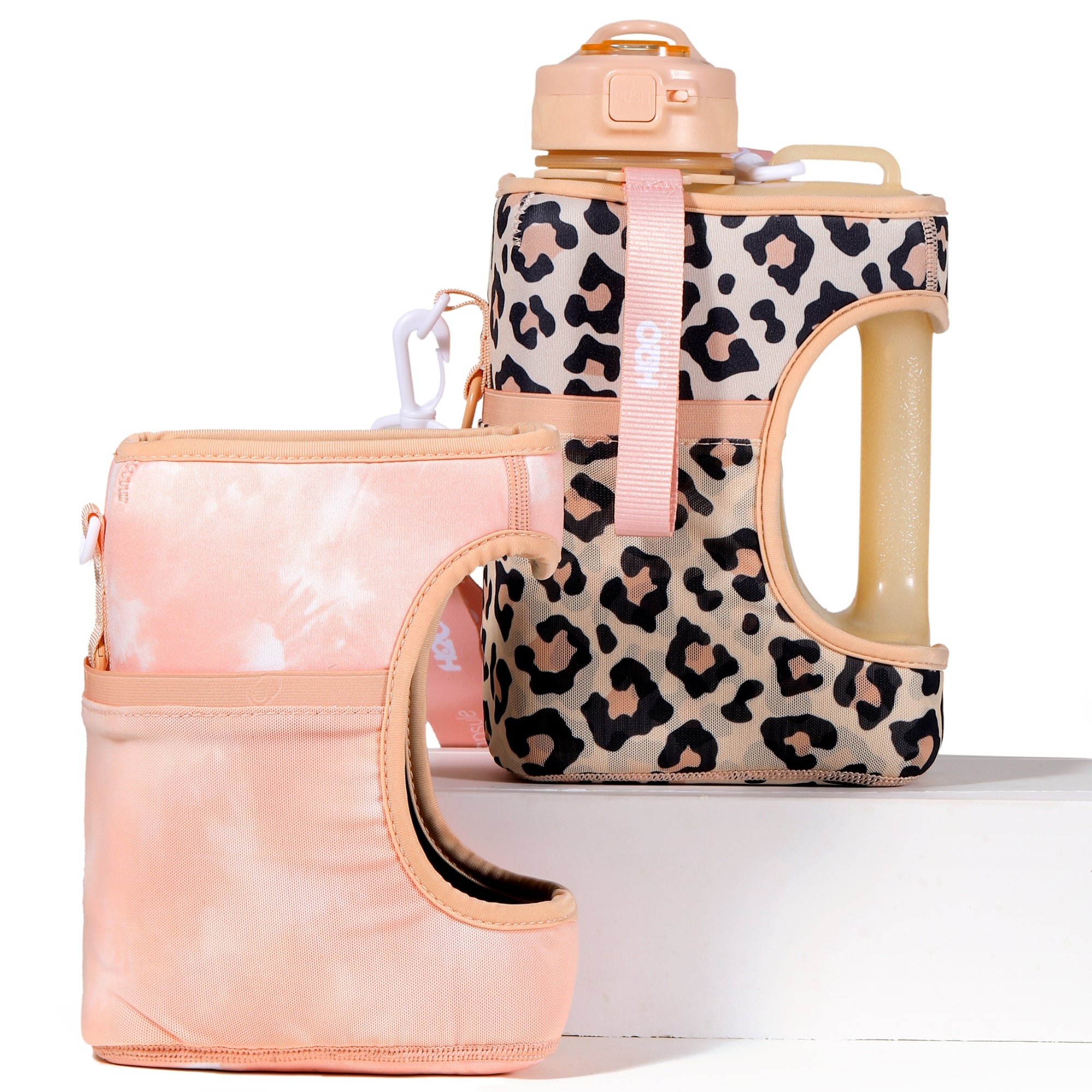 Peach TieDye + Leopard- Cube value pack - 2.2L Water Bottle with Strap with 2 Storage Sleeves