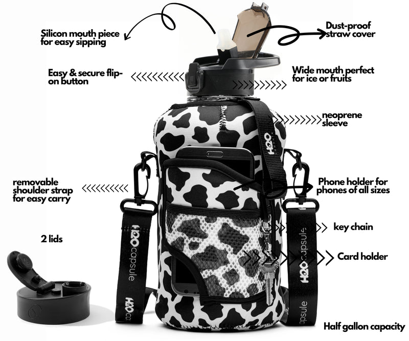 Cowbell - Carry-all- Half Gallon Water Bottle with Storage Sleeve and Covered Straw Lid
