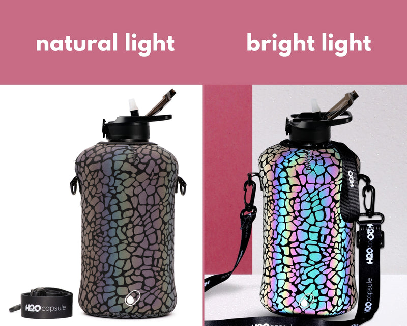 H2O Capsule Cheetah Reflex 2.2L Half Gallon Water Bottle with Reflective Sleeve and straw lid