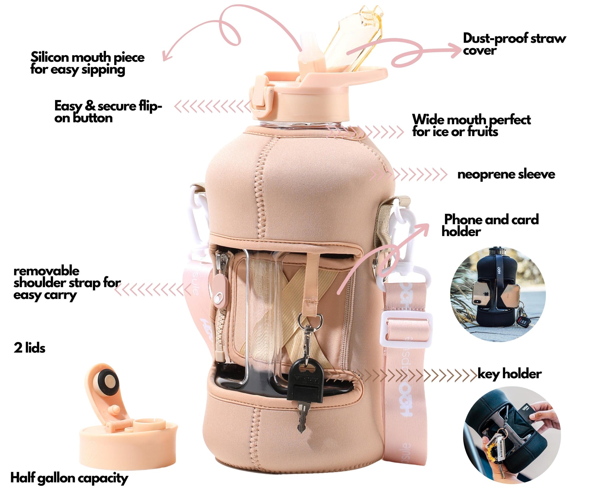Sandy Beige- Classic -H2O Capsule 2.2L Half Gallon Water Bottle with Storage Sleeve and straw lid