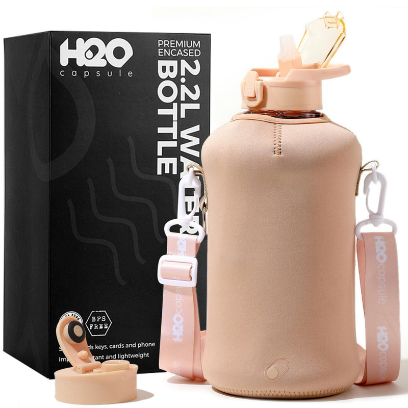 H2O Capsule 2.2L Half Gallon Water Bottle with Storage Sleeve and Covered Straw Lid – BPA Free Large Reusable Drink Container with Handle - Big