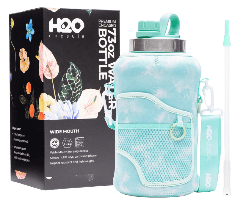 Green Tie Dye - Wide Mouth carry-all - Half Gallon Water Bottle with Storage Sleeve and removable straw