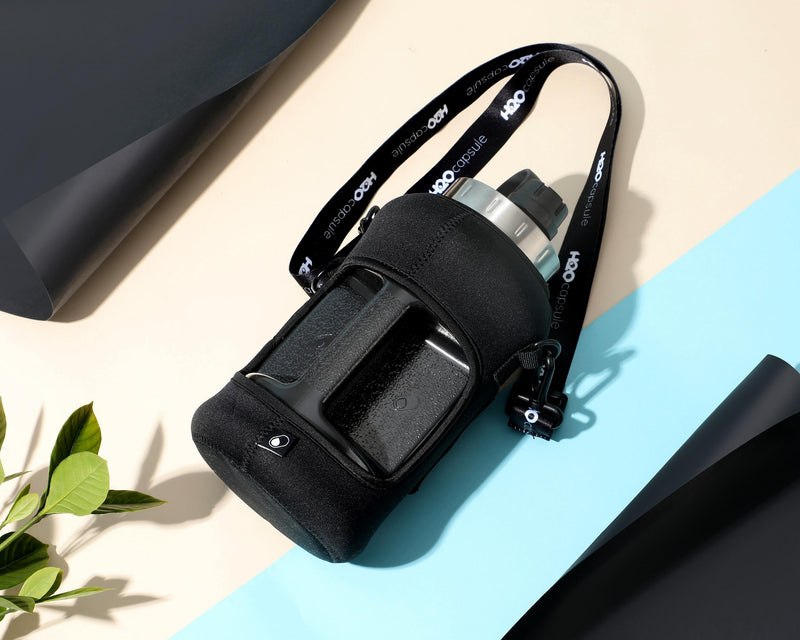 Jet Black - Wide Mouth carry-all - Half Gallon Water Bottle with Storage Sleeve and removable straw
