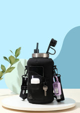 Jet Black - Wide Mouth carry-all - Half Gallon Water Bottle with Storage Sleeve and removable straw