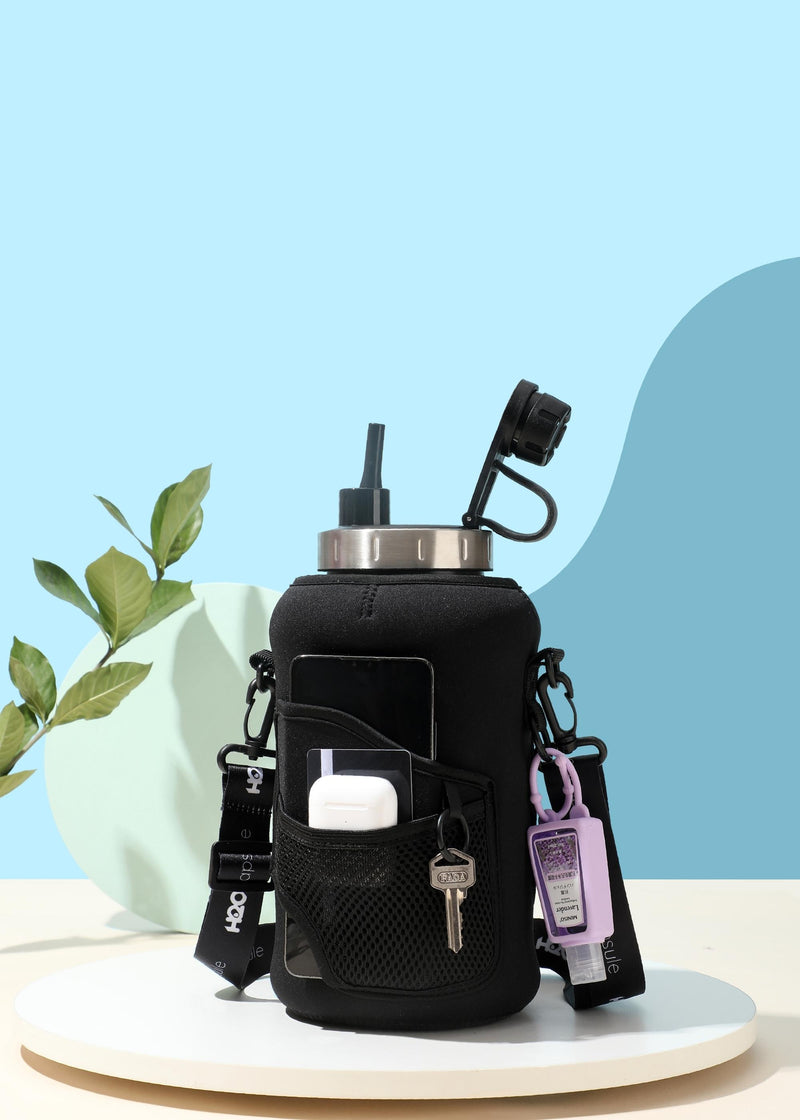 Jet Black - Wide Mouth carry-all - Half Gallon Water Bottle with Storage Sleeve and removable straw