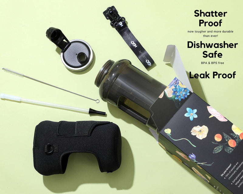 Jet Black - Wide Mouth carry-all - Half Gallon Water Bottle with Storage Sleeve and removable straw