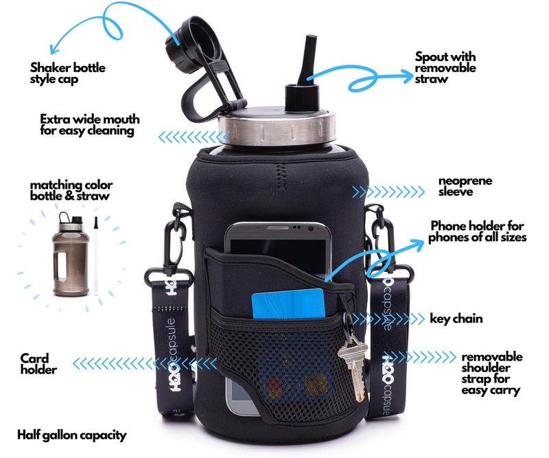 Jet Black - Wide Mouth carry-all - Half Gallon Water Bottle with Storage Sleeve and removable straw