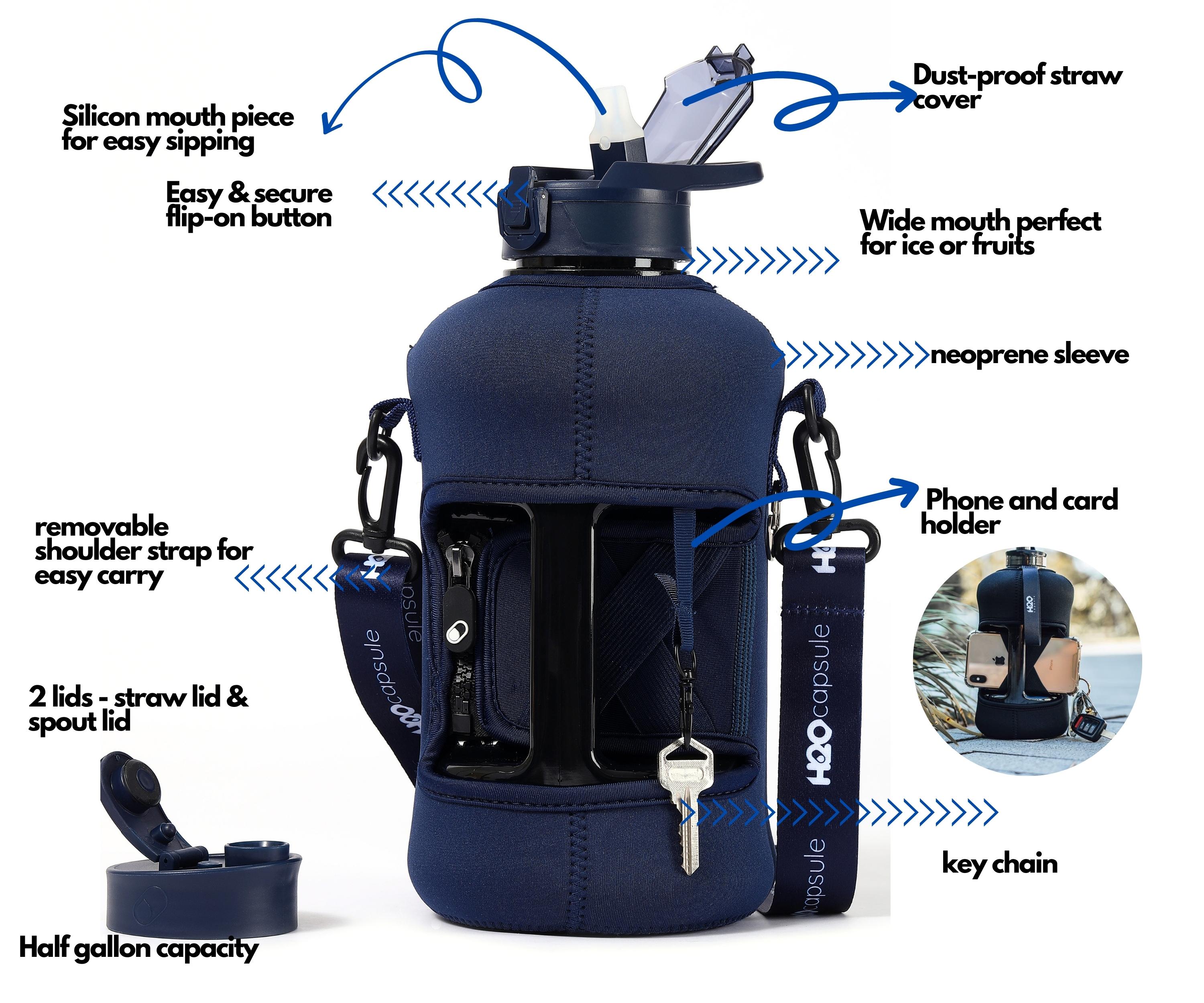 Navy Blue - Classic -H2O Capsule 2.2L Half Gallon Water Bottle with Storage Sleeve and straw lid