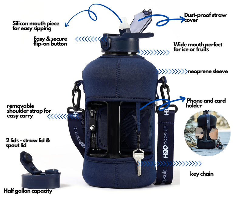 Navy Blue - Classic -H2O Capsule 2.2L Half Gallon Water Bottle with Storage Sleeve and straw lid