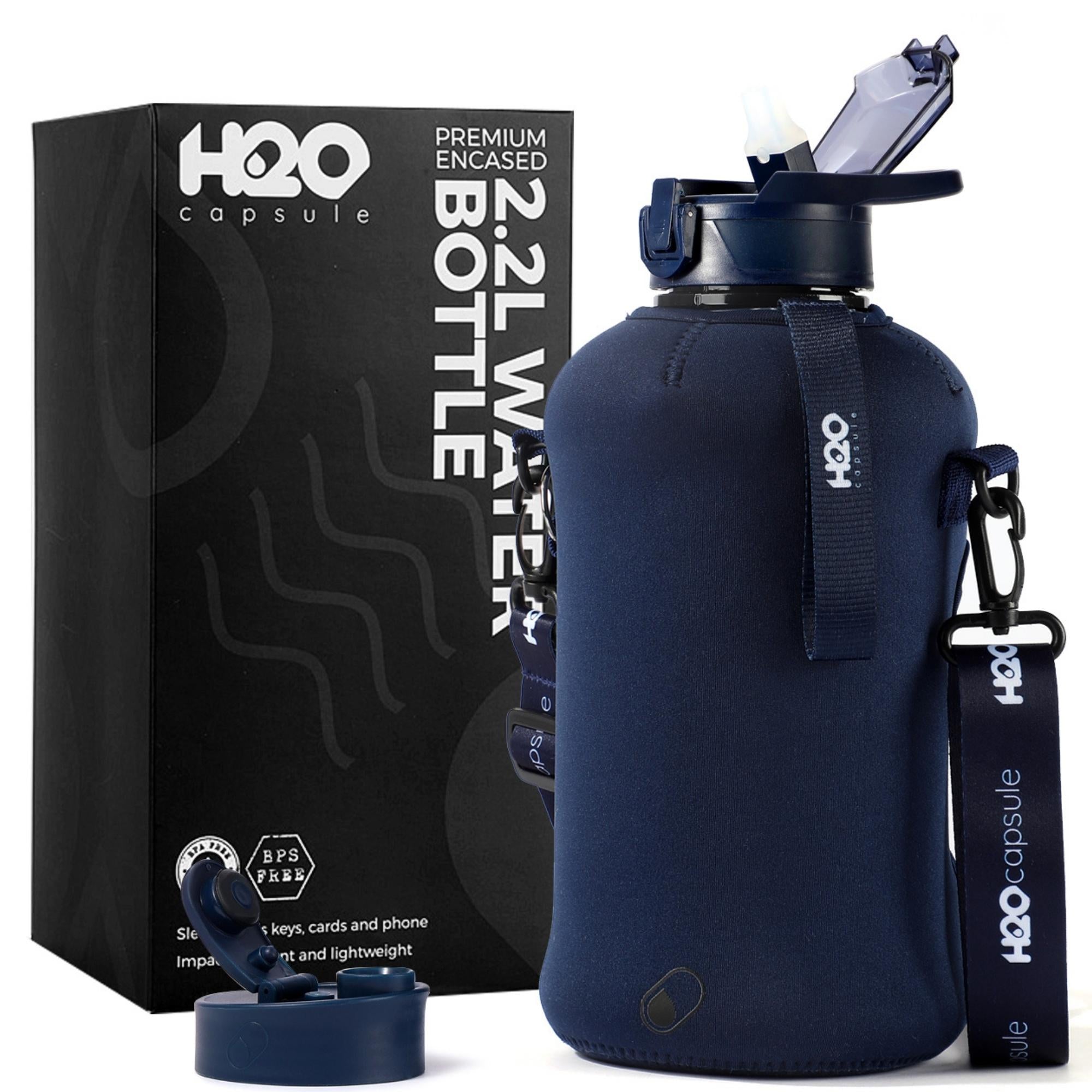 Navy Blue - Classic -H2O Capsule 2.2L Half Gallon Water Bottle with Storage Sleeve and straw lid