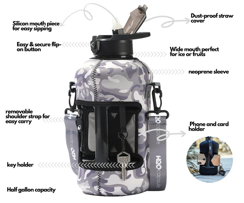 Camo Cats - Classic -H2O Capsule 2.2L Half Gallon Water Bottle with Storage Sleeve and straw lid