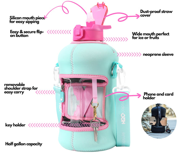 Candy Teal - Classic -H2O Capsule 2.2L Half Gallon Water Bottle with Storage Sleeve and straw lid