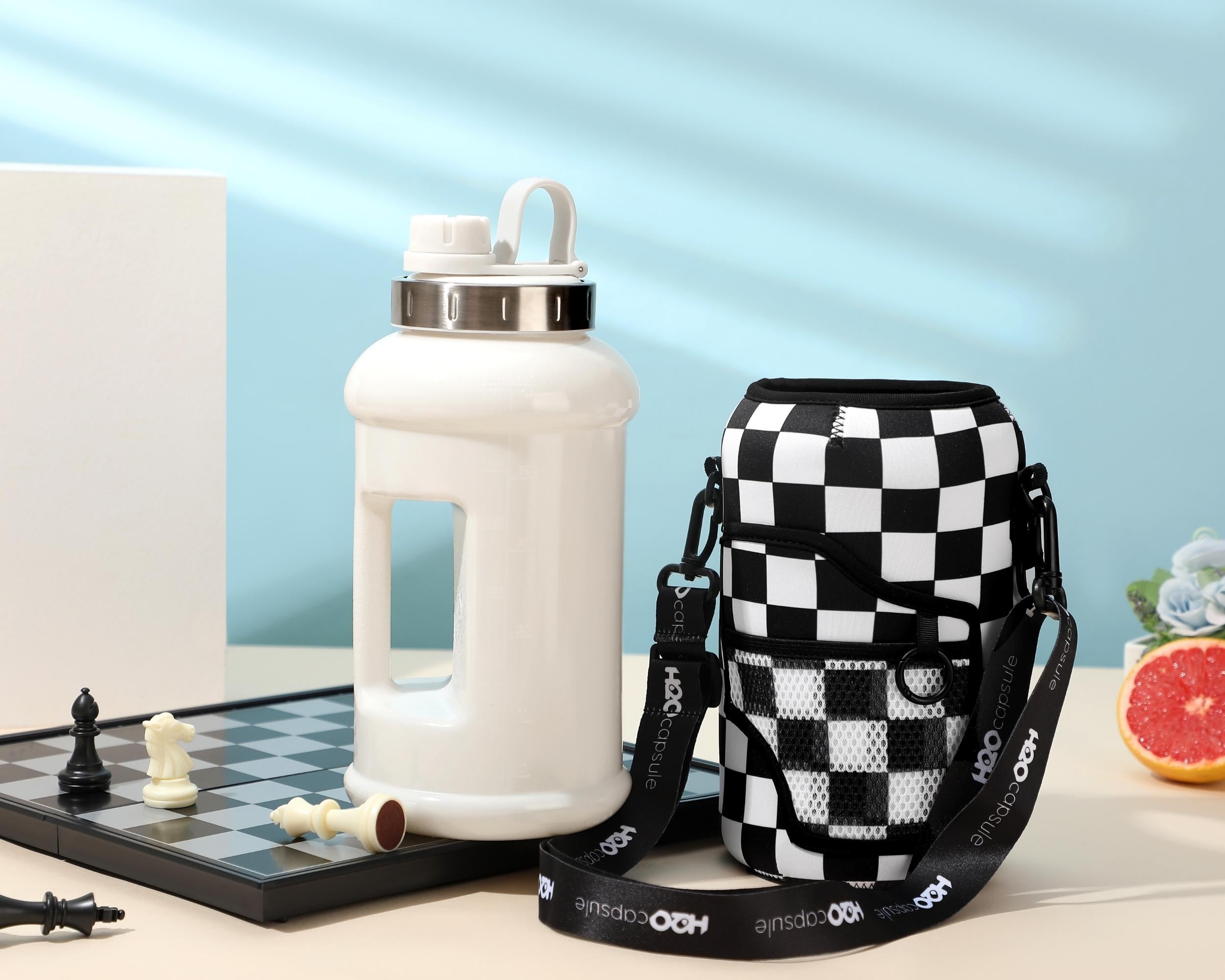 Check Mate - Wide Mouth carry-all - Half Gallon Water Bottle with Storage Sleeve and removable straw