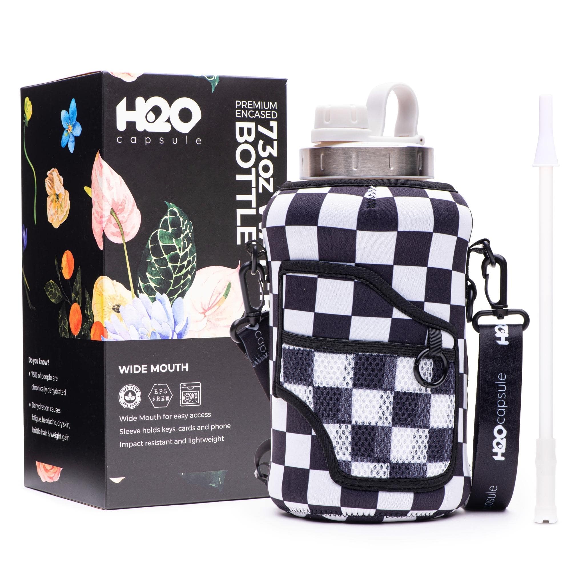 Check Mate - Wide Mouth carry-all - Half Gallon Water Bottle with Storage Sleeve and removable straw