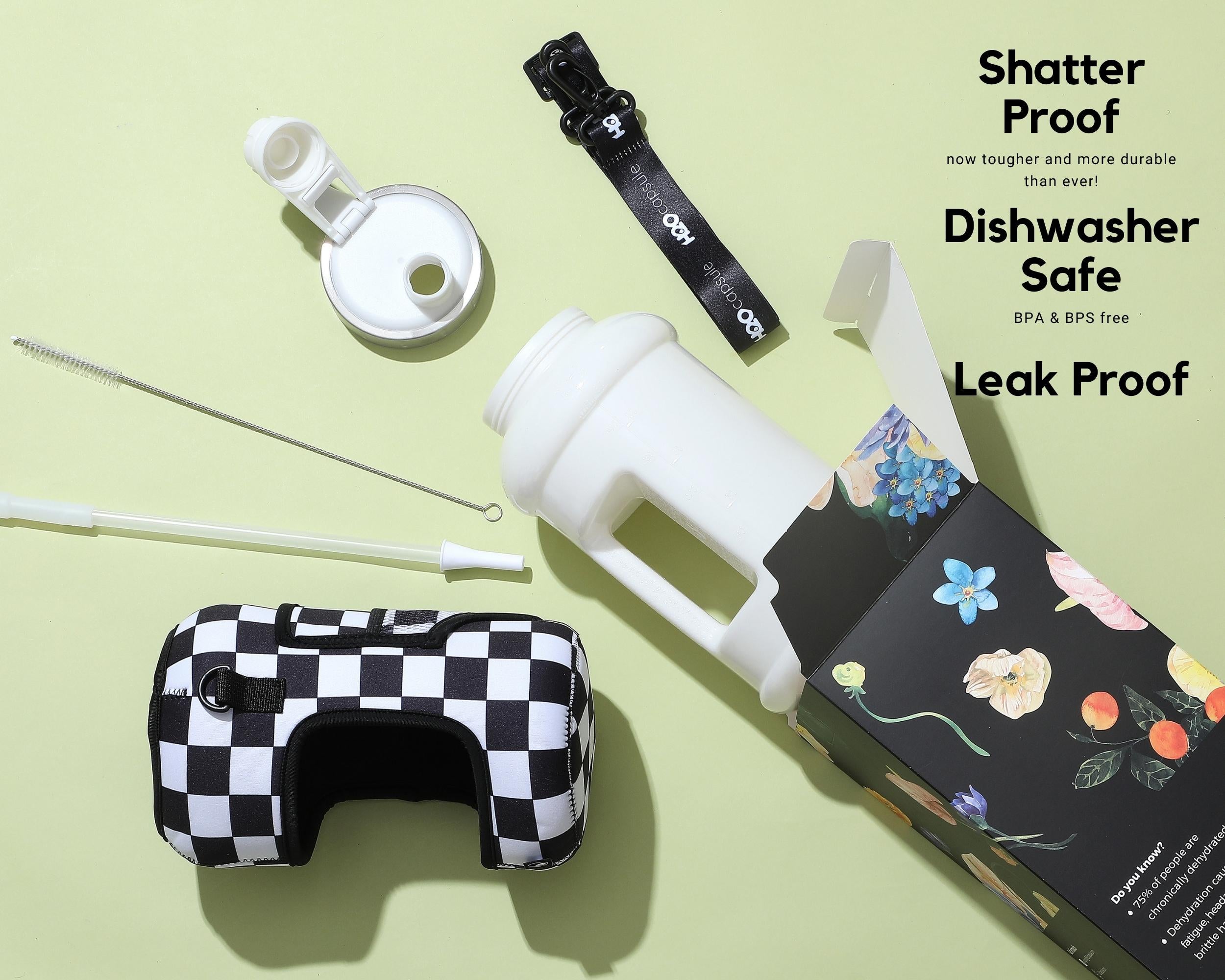 Check Mate - Wide Mouth carry-all - Half Gallon Water Bottle with Storage Sleeve and removable straw