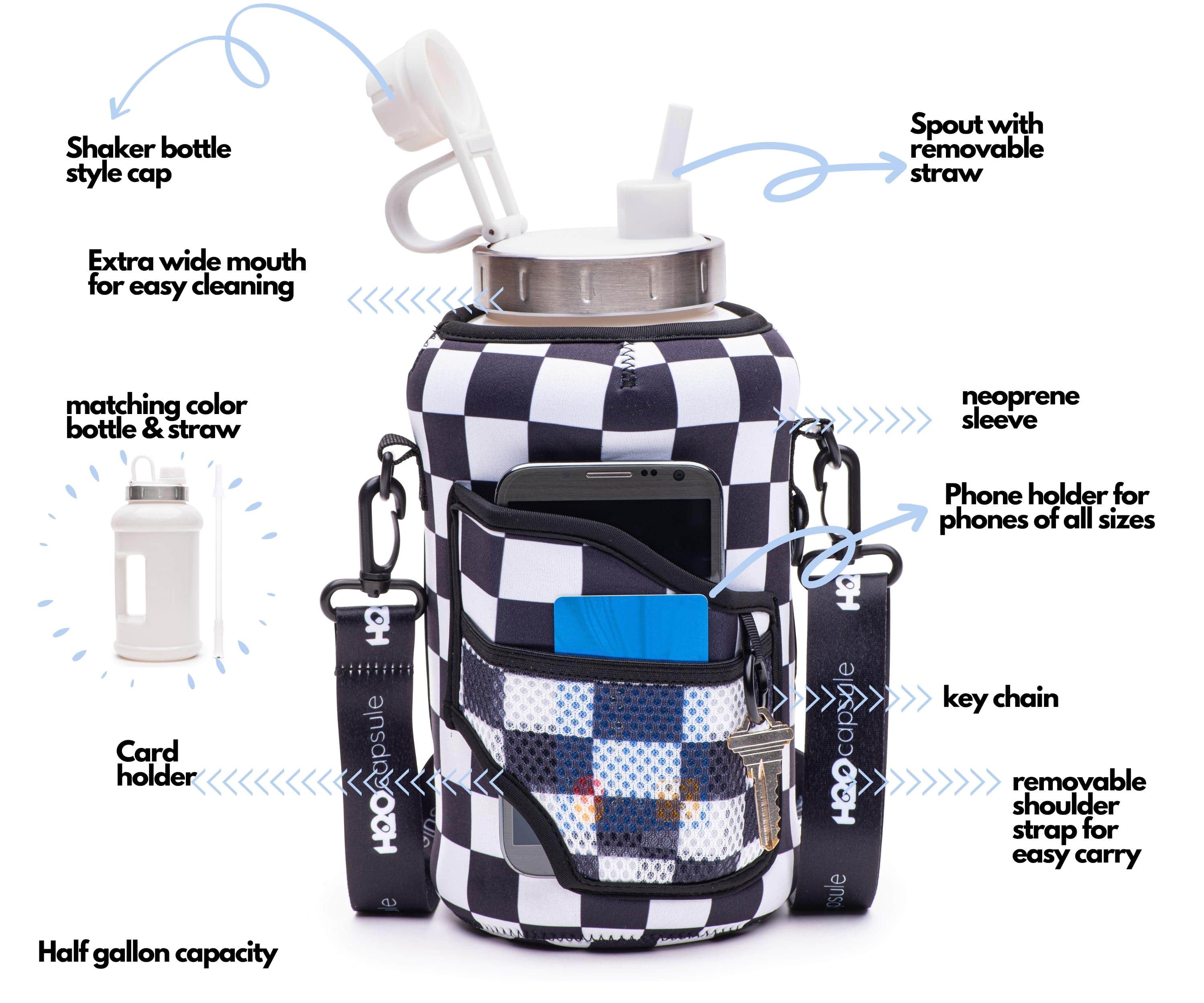 Check Mate - Wide Mouth carry-all - Half Gallon Water Bottle with Storage Sleeve and removable straw