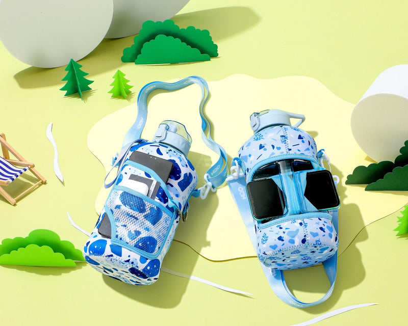 Blue Collage -Carry-all -Half Gallon Water Bottle with Storage Sleeve and removable straw